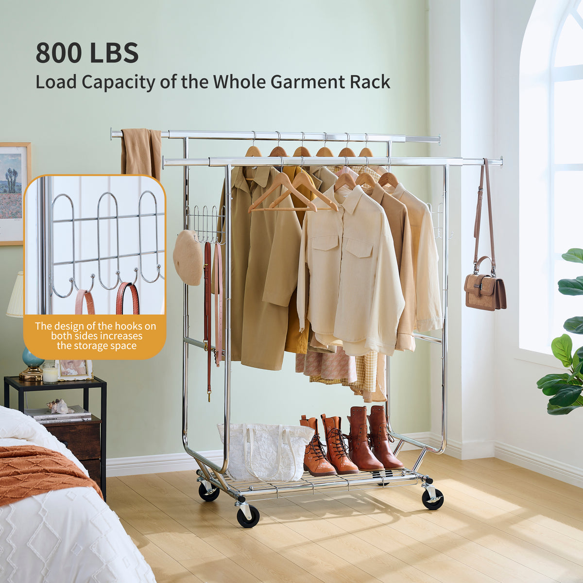 Double Clothing Garment Rack with Shelves Capacity 800lbs Clothing Racks on Wheels Rolling Clothes Rack for Hanging Clothes Heavy Duty Portable Collapsible Commercial Garment Rack W1903P172833-djyc