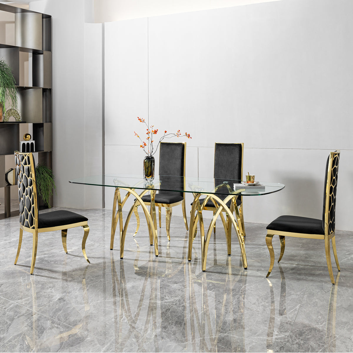 0.47" Thick Tempered Clear Glass Rectangular Big Dining Table with Gold Stainless Steel Base 86.61" L x 39.37" W x 29.92" H W2723S00001-djyc