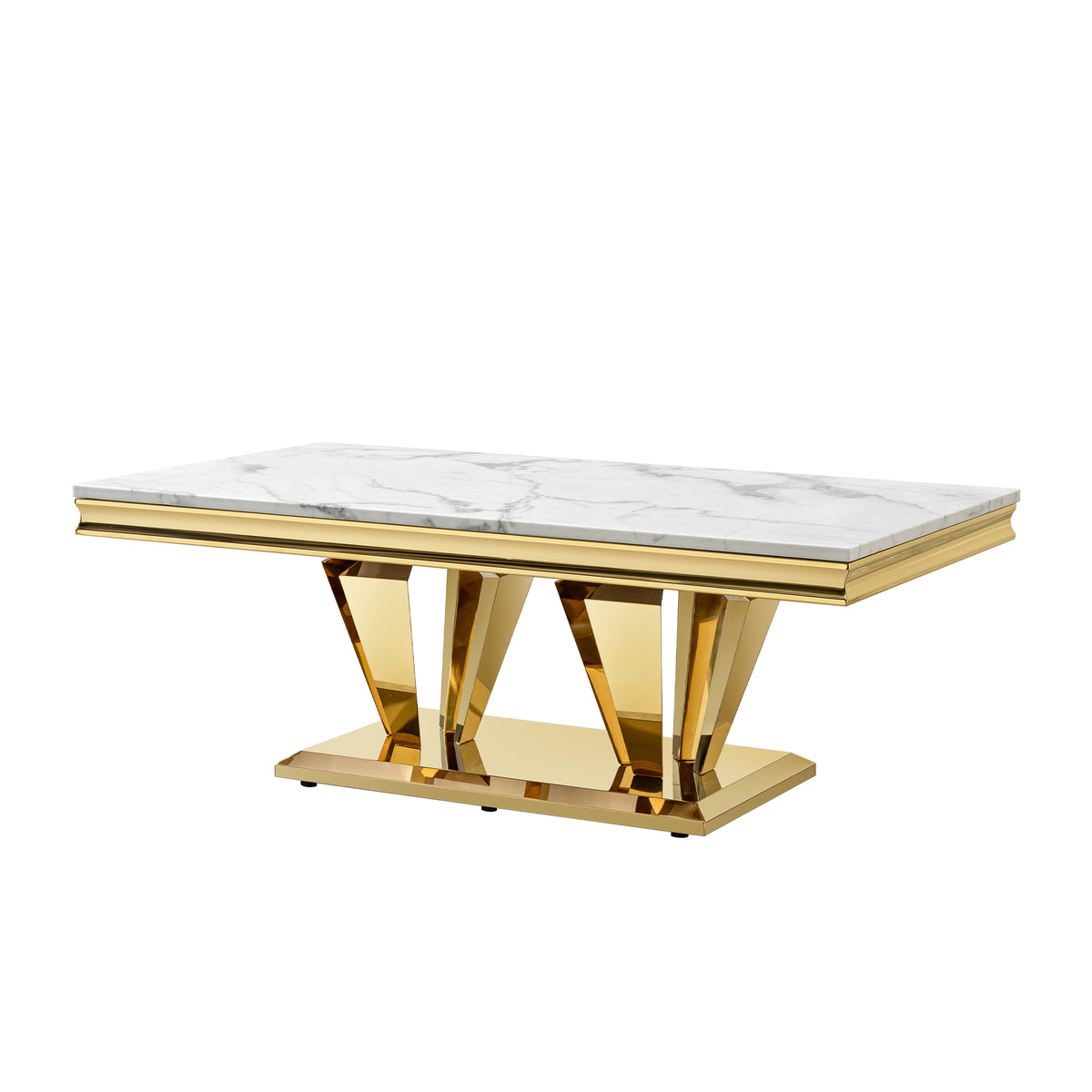 51.18" Modern Rectangular 0.78" Thick MDF Marble Pattern Top, Coffee Table Stainless Steel Base with Gold Mirror Finish W2723S00009-djyc