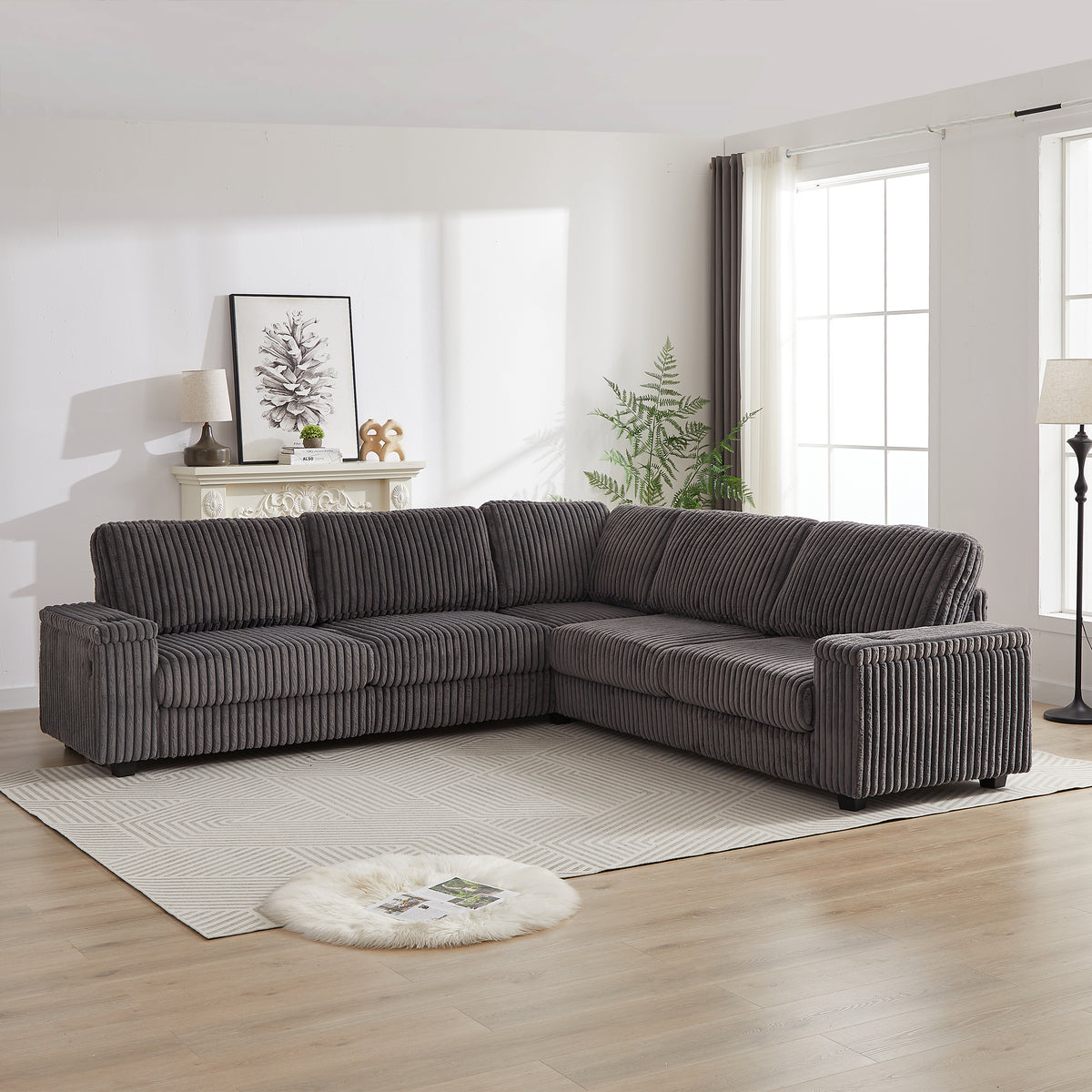 110-Inch Oversized Corduroy Corner Sofa,L Shaped Corner Couch with two storage spaces,USB port & Type-C port and Cup-holder , Deep Seat Comfy Upholstered Couches for Living Room(Not freely combinable) W834S00285-djyc