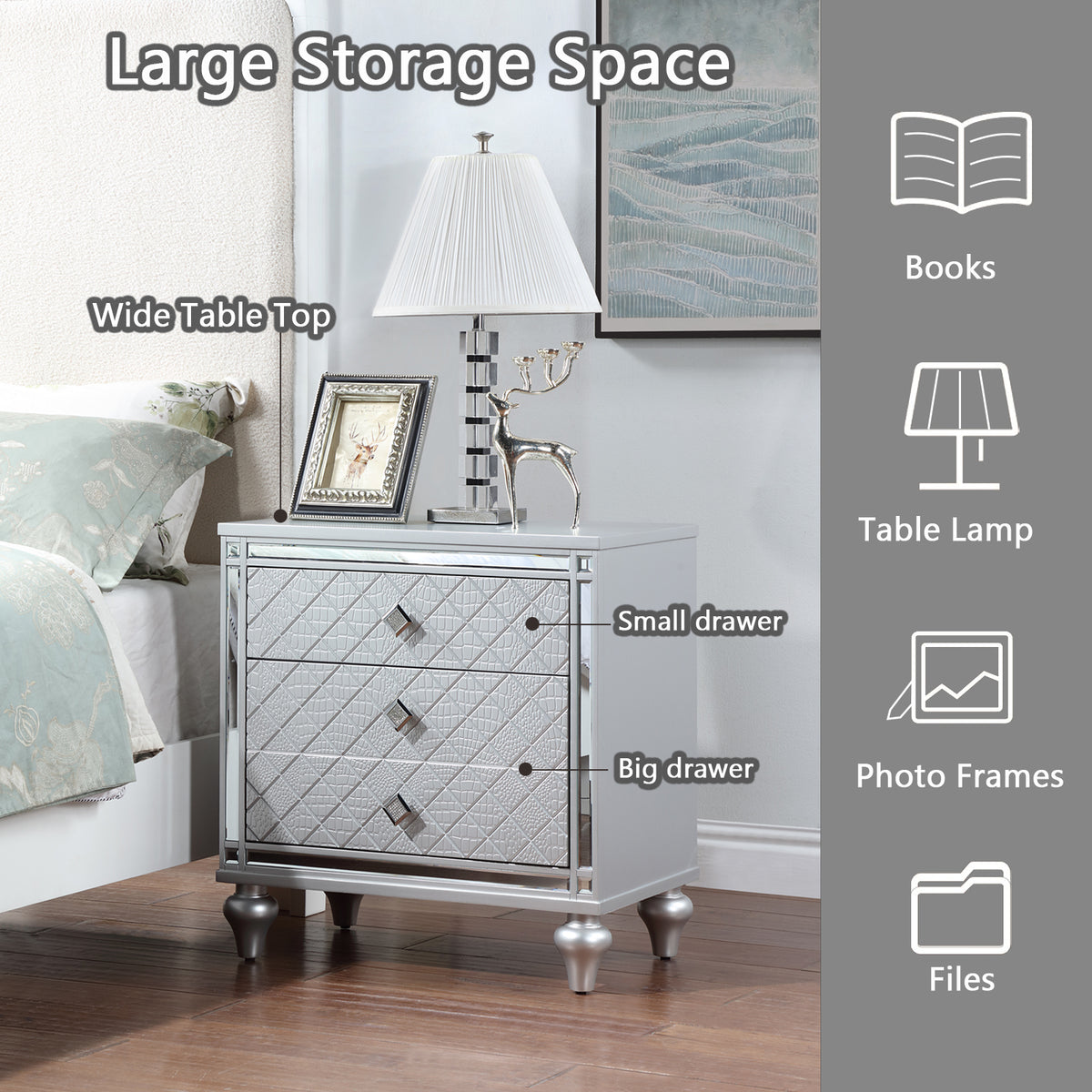 Contemporary Nightstands with mirror frame accents, Bedside Table with two drawers and one hidden drawer, End Table with Crystal Pull for Living Room,Bedroom, Silver W1998131731-djyc