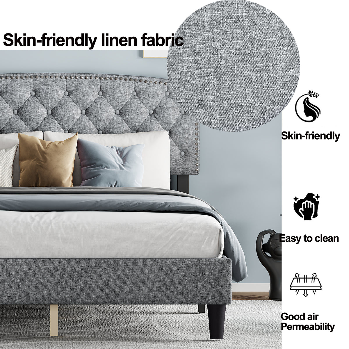 Queen size Adjustable Headboard with Fine Linen Upholstery and Button Tufting for Bedroom,Wave TopLIGHT GREY W1793140469-djyc