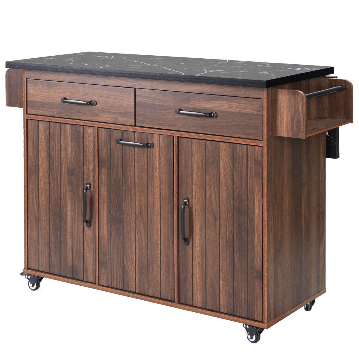 K&K Kitchen Island with Trash Can Storage Cabinet, Kitchen Cart with Drop Leaf, Spice Rack, Towel Rack and Drawer, Rolling Kitchen Island on Wheels with Adjustable Shelf, Walnut Brown WF326381AAZ-djyc