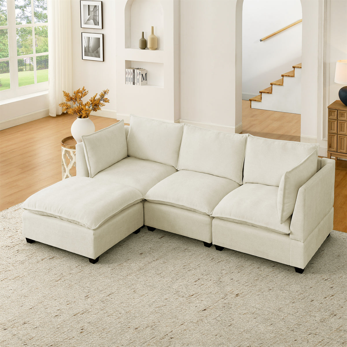 Convertible Sectional Sofa Couch with Ottoman, Cloud Couch 3 Seat L Shaped Sofa with Padded Armrests, Cloud Sofa for Living Room, Apartment and Office, Beige(Beige White) W1117S00174-djyc