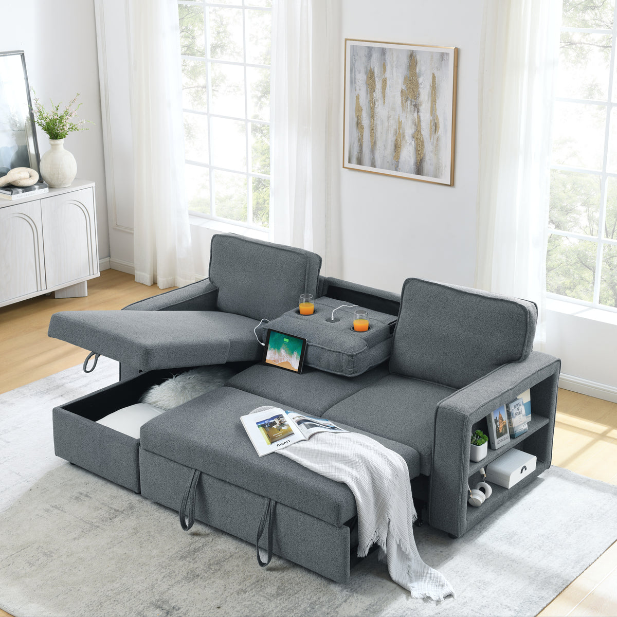 Linen Upholstered Sleeper Sectional Sofa, Shaped Modular Convertible Sofa with Storage Chaise,There are two cup holders in the middle and USB multi-interface function,Pull Out Sleep Couch Bed ,Grey W487S00245-djyc