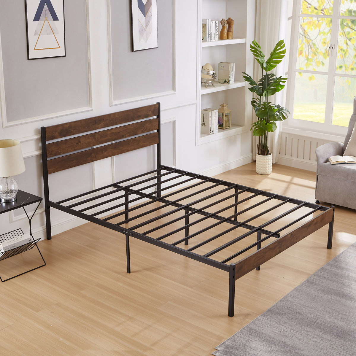 Full Size Bed Frame with Wood Headboard, Metal Frame with Strong Slats, Noise Free,No Box Spring Needed-Brown. W2336P167501-djyc