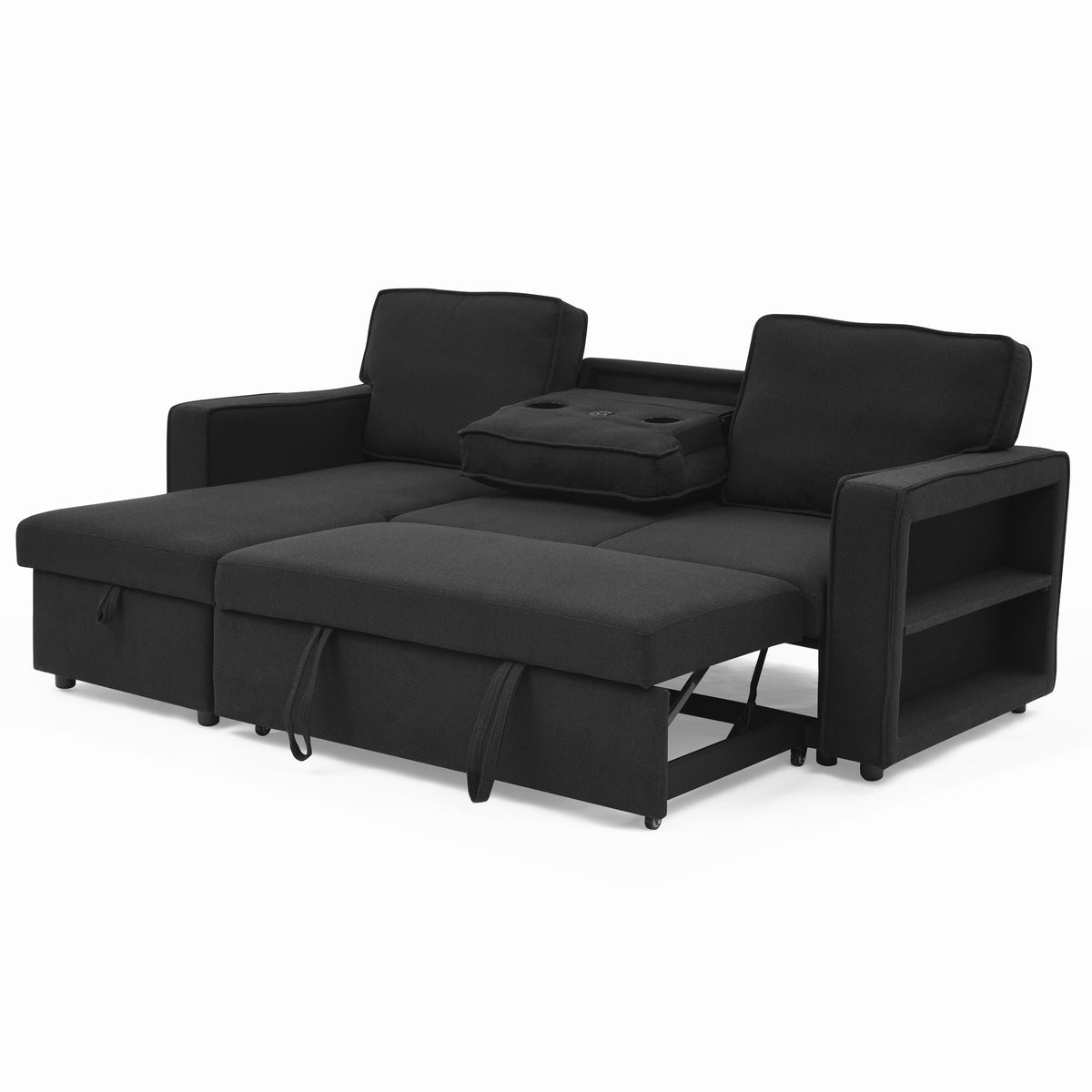 Linen Upholstered Sleeper Sectional Sofa, Shaped Modular Convertible Sofa with Storage Chaise,There are two cup holders in the middle and USB multi-interface function,Pull Out Sleep Couch Bed ,Black W487S00246-djyc