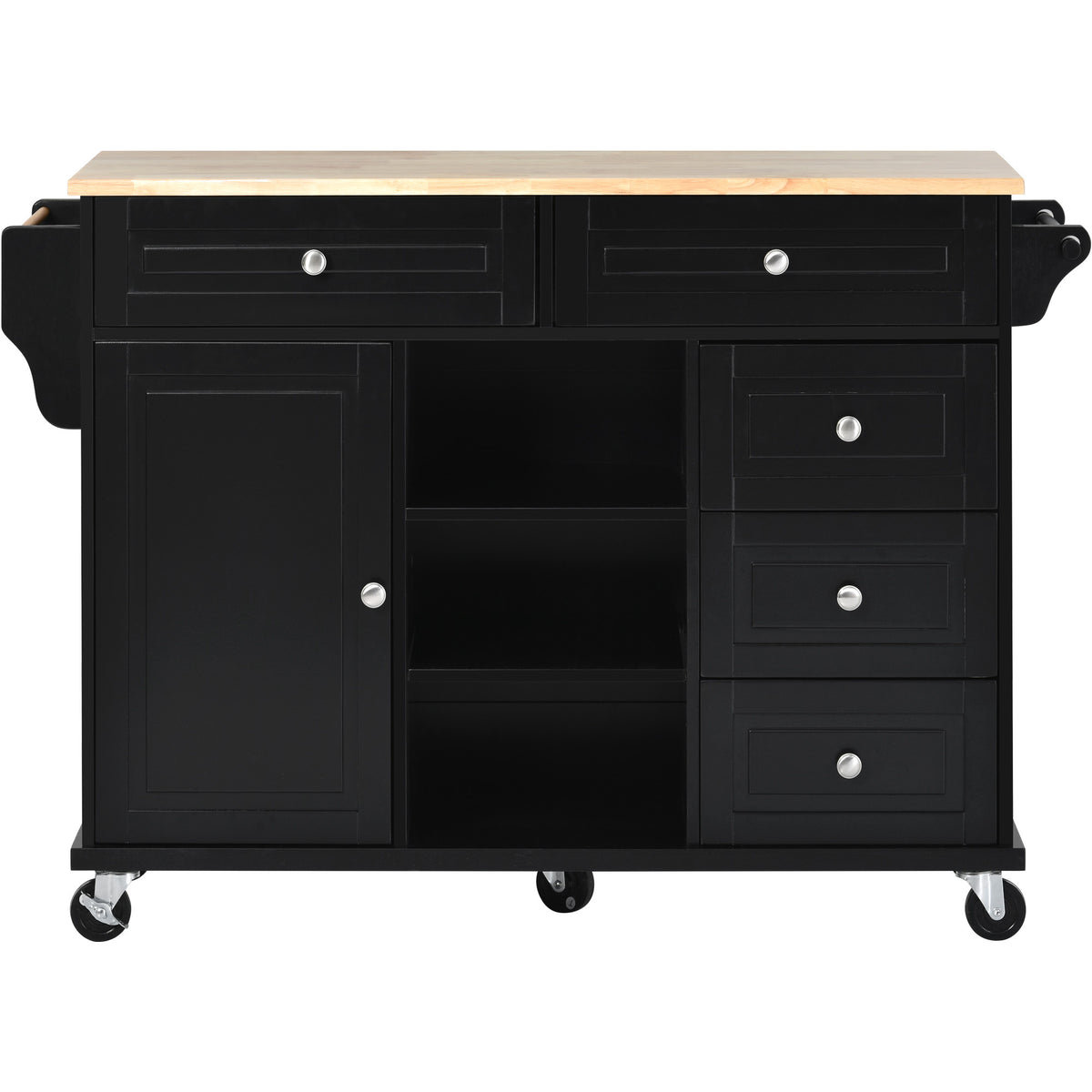 Kitchen cart with Rubber wood desktop rolling mobile kitchen island with storage and 5 drawers 53 Inch length (Black) WF297003AAB-djyc