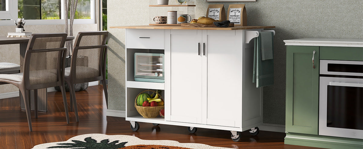 K&K Kitchen Island with Foldable Counter Top, Kitchen Storage Cart with Slide-Out Shelf, Towel Rack and Drawer, Rolling Kitchen Cart on Wheels, for Kitchen, Living Room, Dining Room, White N707P173036W-djyc