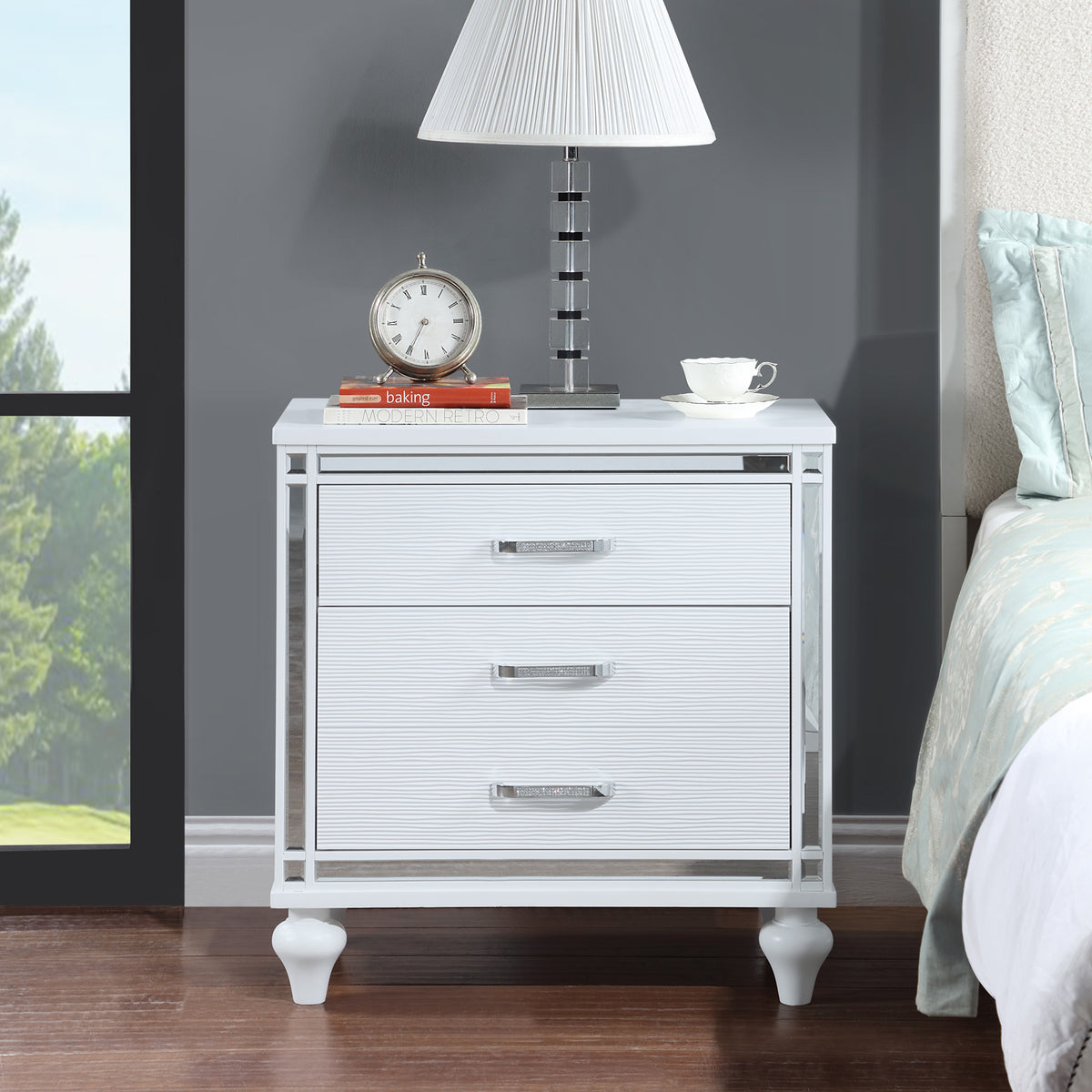 Contemporary Nightstands with mirror frame accents, Bedside Table with two drawers and one hidden drawer, End Table with Crystal Pull for Living Room,Bedroom, White W1998131735-djyc