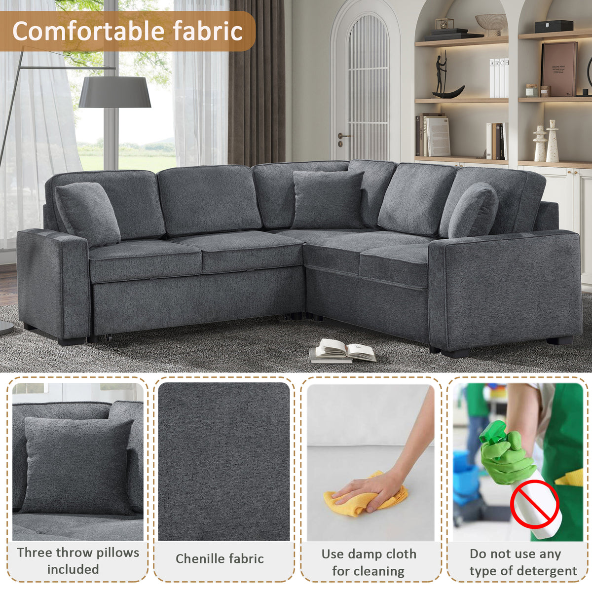 Modular Sofa, Sectional Couch L Shaped Sofa Couch with Pullout Sleeper, 5 Seat Chenille Corner Sofa for Living Room, 3 Pillows Included, Dark Gray W1998S00052-djyc