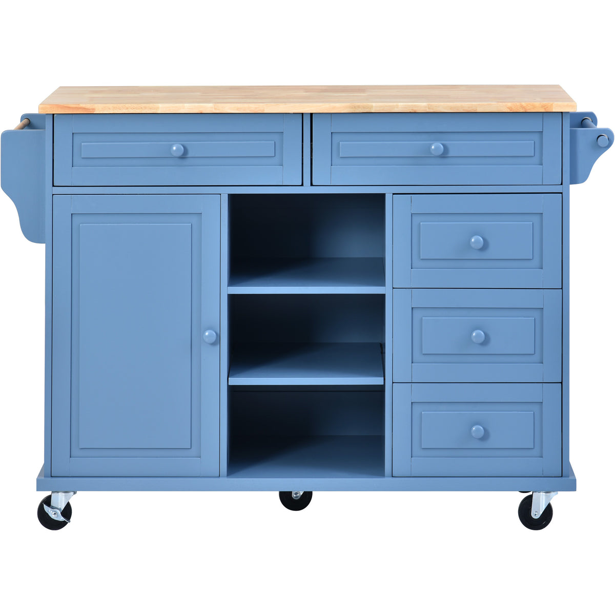 Kitchen cart with Rubber wood desktop rolling mobile kitchen island with storage and 5 draws 53 Inch length (Blue) WF297003AAG-djyc