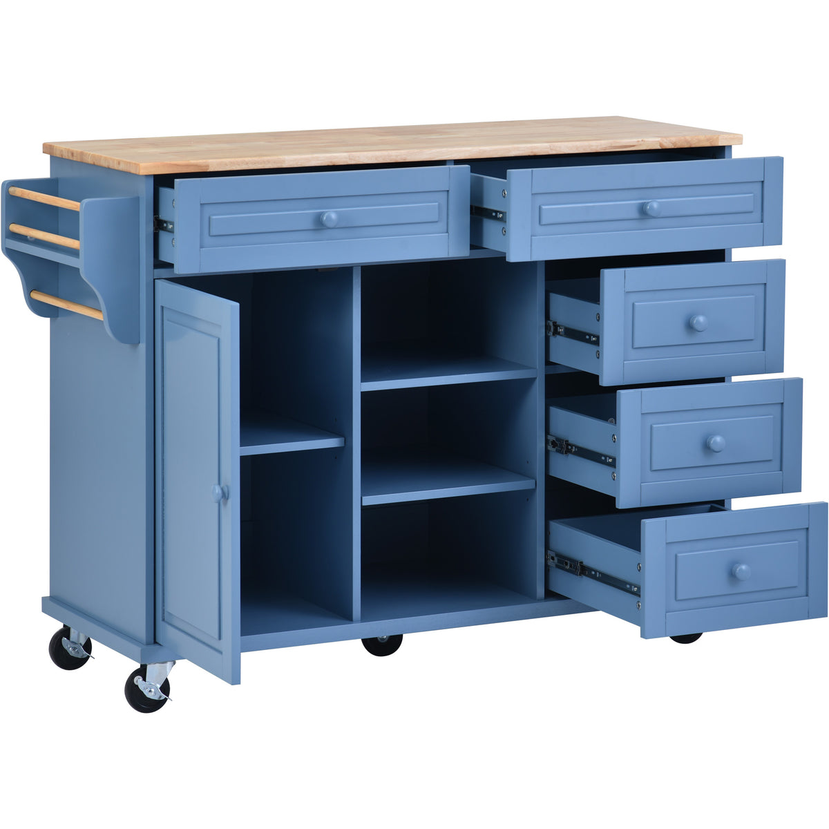 Kitchen cart with Rubber wood desktop rolling mobile kitchen island with storage and 5 draws 53 Inch length (Blue) WF297003AAG-djyc