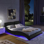 Queen Led Bed Frame Modern Faux Leather Upholstered Platform Bed Frame with RGB LED Lights and Headboard Wave Like Curve Low Profile Bed Frame,Wood Slats Support,Easy Assembly, Black W487P169716-djyc