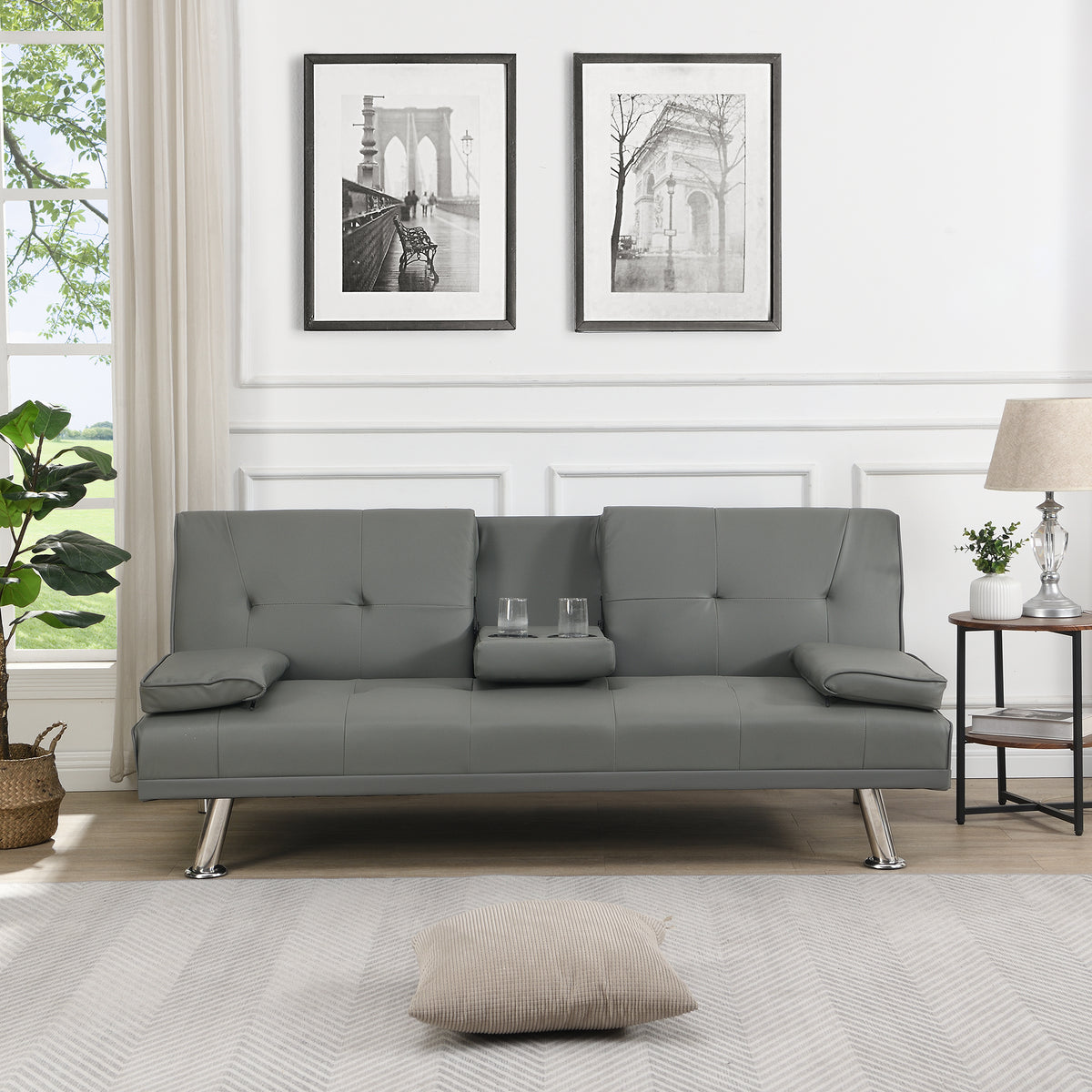 sofa bed with Armrest two holdersWOOD FRAME, STAINLESS LEG, FUTON GREY PVC W214104621-djyc