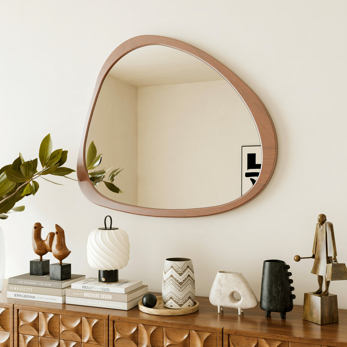 Solid Wood Mirror 45 Inch Asymmetrical Wall Mirror Wooden Framed Mirror Large Sized Dressing Mirror, for Living Room, Bedroom, Bathroom, Hallway or Entry Way W1435142944-djyc