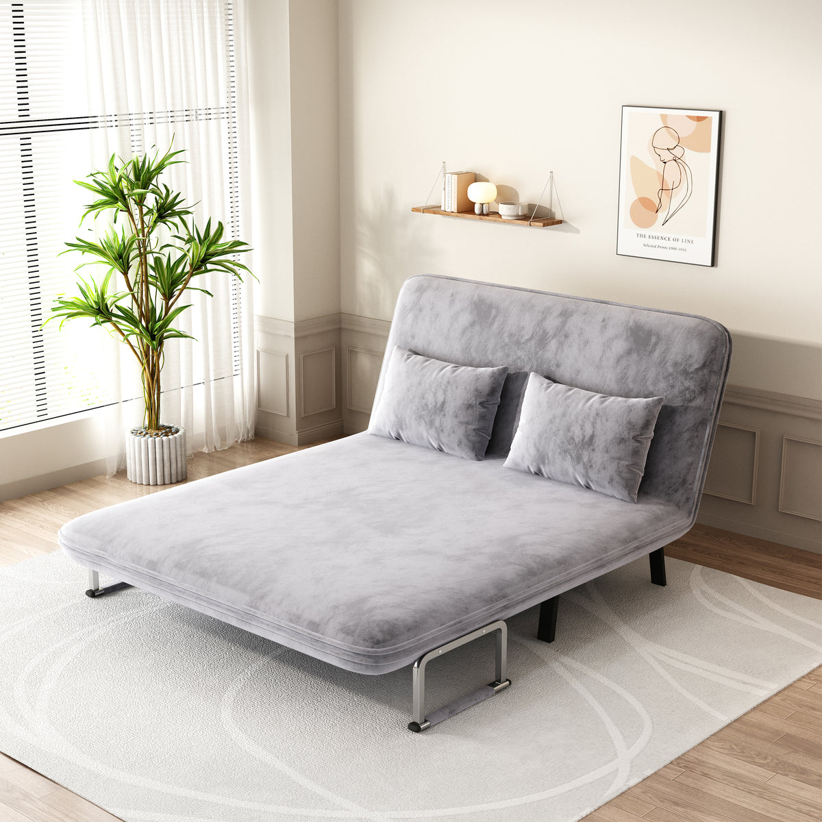 velvet light gray 55″ Convertible Chair Bed, Tri-Fold Sofa Bed with Adjustable Backrest & Pillow, Leisure Chaise Lounge Couch with Sturdy Steel Frame for Home & Office, Comfortable Sleeper Chair W1767P145839-djyc