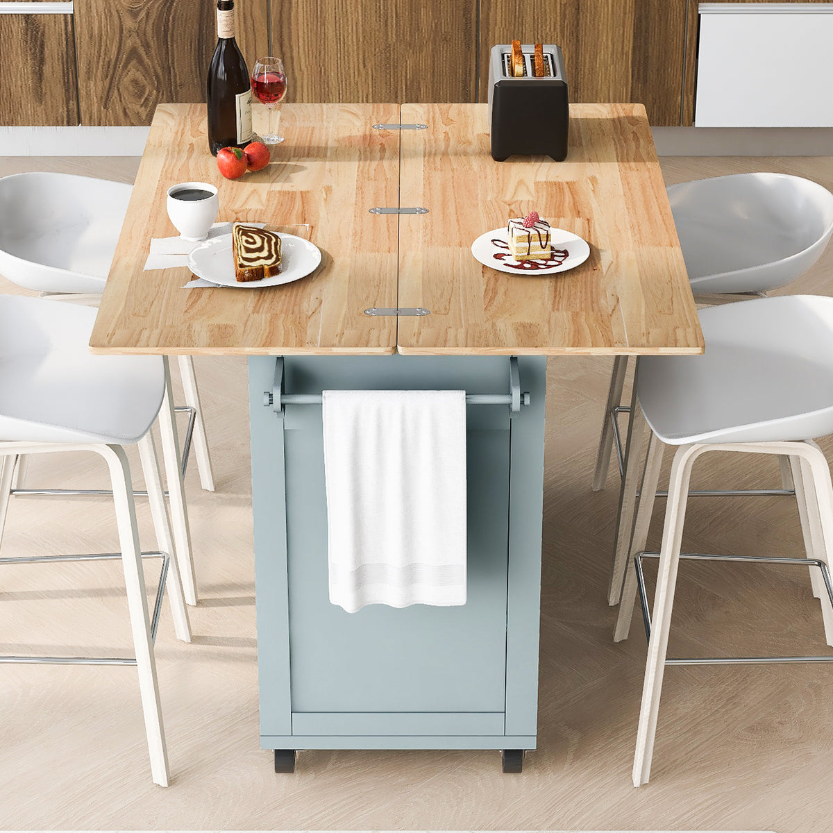 K&K Kitchen Island with Foldable Counter Top, Kitchen Storage Cart with Slide-Out Shelf, Towel Rack and Drawer, Rolling Kitchen Cart on Wheels, for Kitchen, Living Room, Dining Room, Grey Blue N707P173036G-djyc