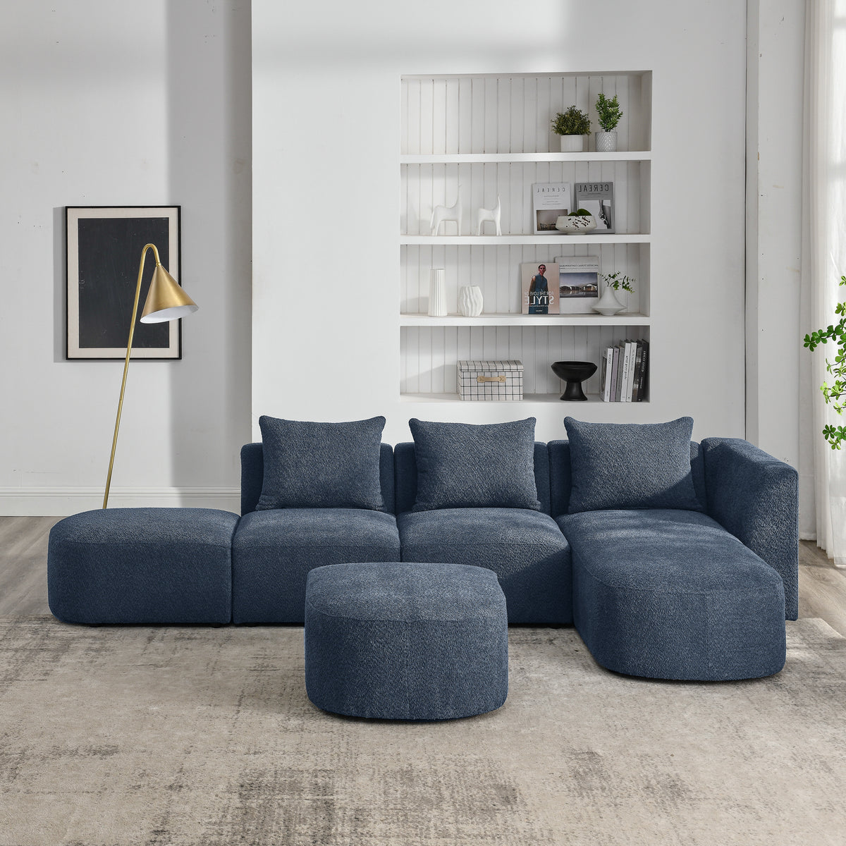 L Shape Sectional Sofa with Right Side Chaise and Ottoman, Modular Sofa, DIY Combination, Loop Yarn Fabric, Navy W487S00161-djyc