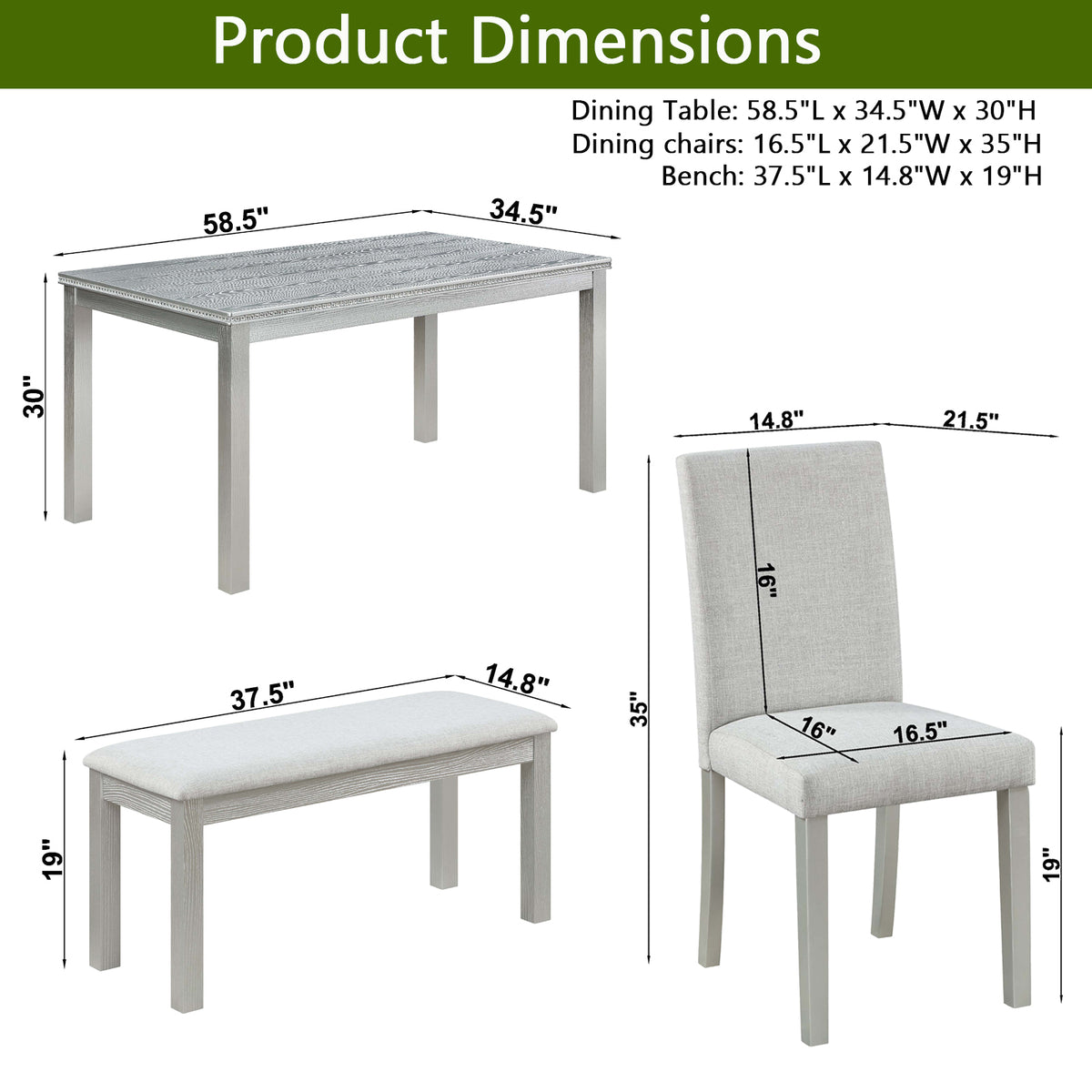 Wooden Dining Rectangular Table with Bench, Kitchen Table with Bench for Small Space, 6 Person Dining Table, Silver grey W1998S00045-djyc