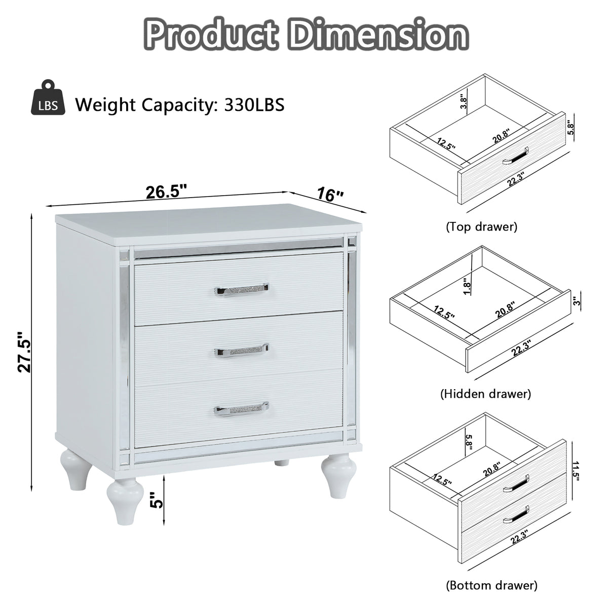 Contemporary Nightstands with mirror frame accents, Bedside Table with two drawers and one hidden drawer, End Table with Crystal Pull for Living Room,Bedroom, White W1998131735-djyc