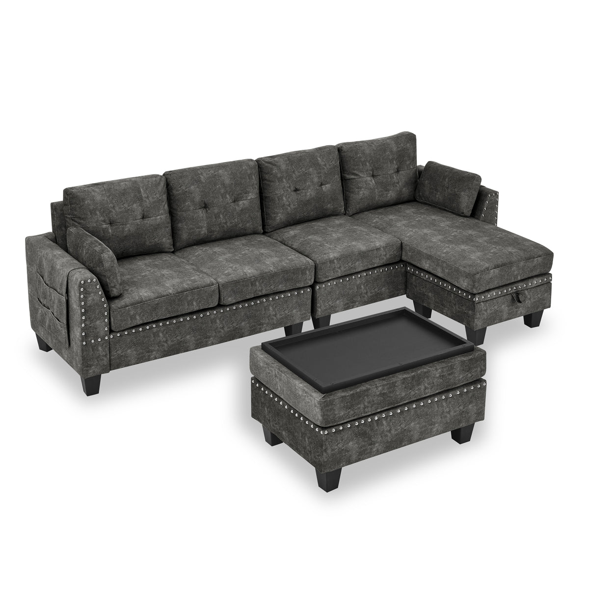 Sectional 3-Seaters Sofa ,Double-sided multi-functional footstool, storage mat , Non-slip leg, two pillows, Velvet, Dark grey W487S00236-djyc