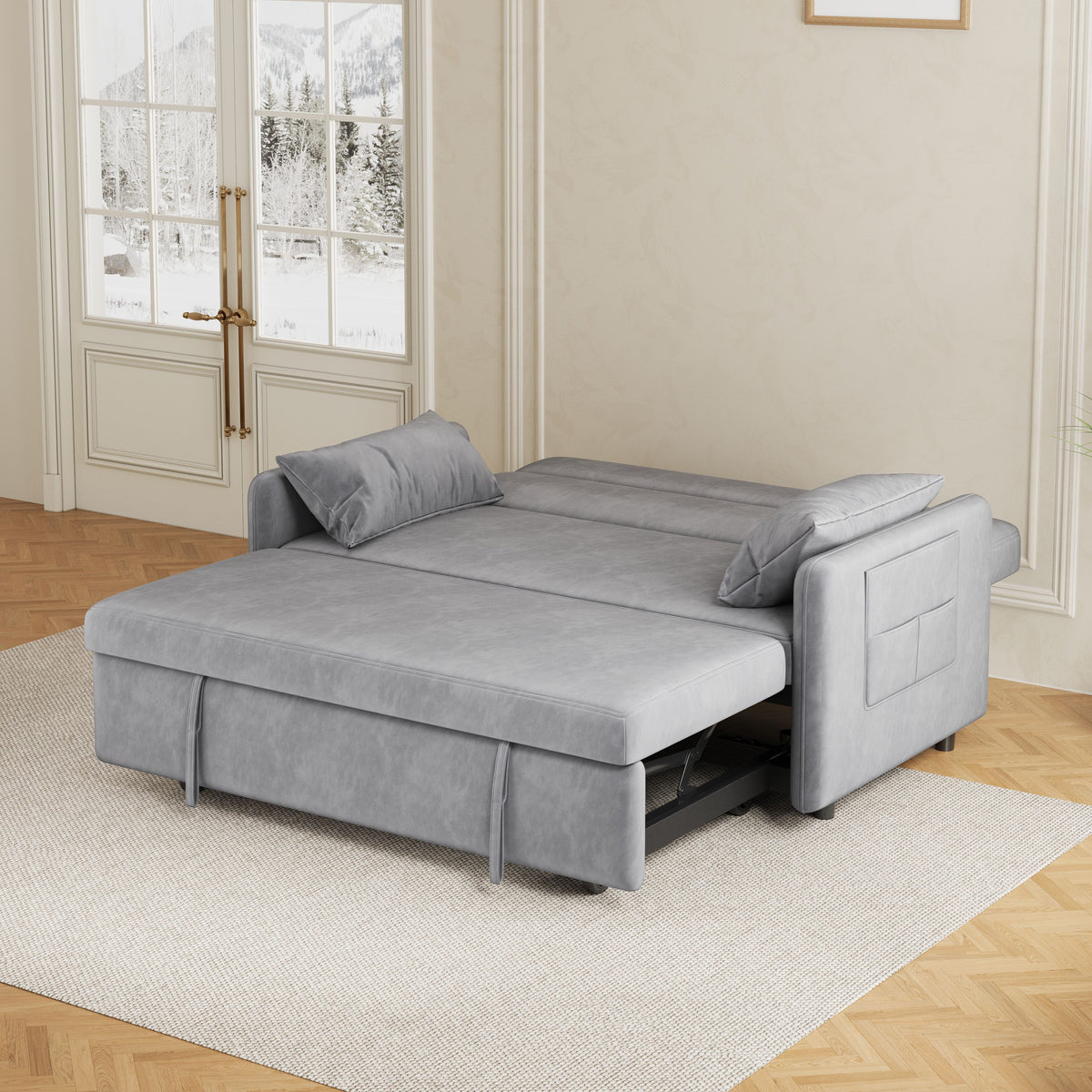 Sofa Pull Out Bed Included Two Pillows 54" Grey Velvet Sofa for Small Spaces W1278125091-djyc