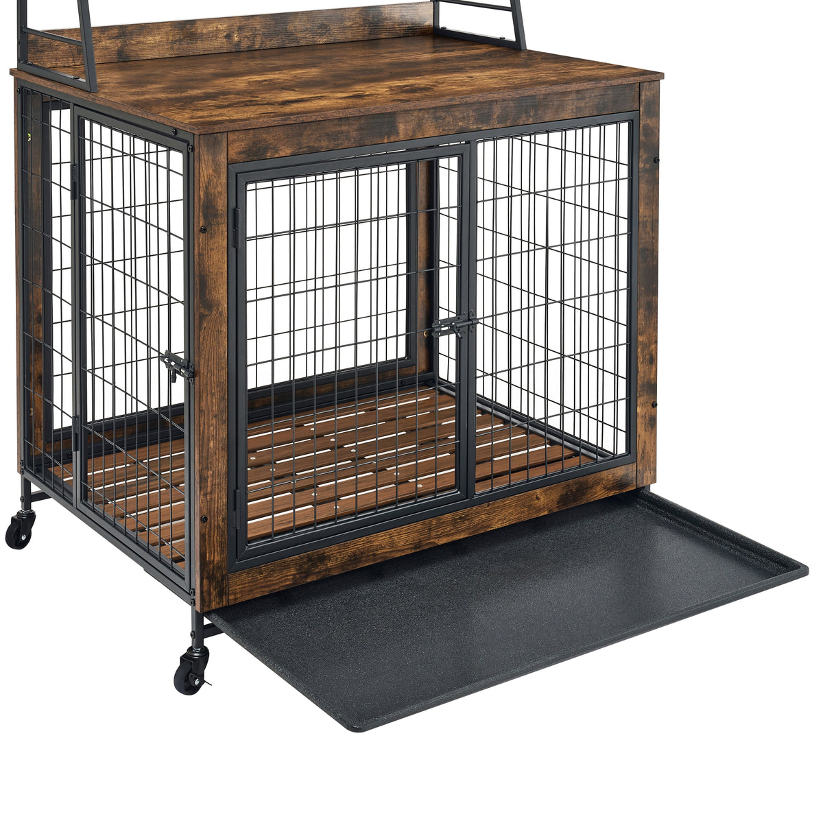 Furniture type dog cage iron frame door with cabinet, two door design, Rustic Brown,37.99"WX27.36"DX59.92"H W1903P151284-djyc