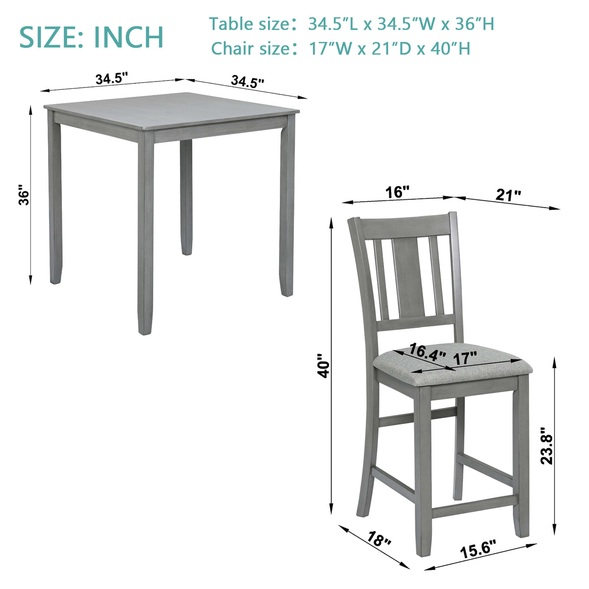 5 Piece Dining Table Set, Wooden Dining Square Table Set for 4, Counter Height Kitchen Table Set with Square Table and 4 Upholstered Chairs for Small Space, Gray W1998S00031-djyc