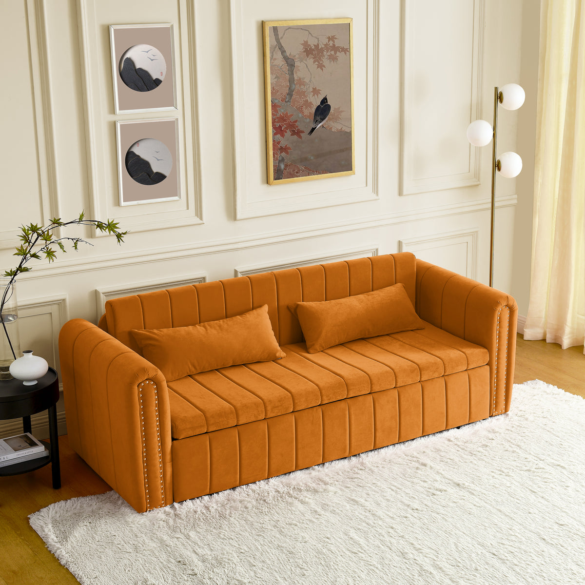 3 in 1 Pull-Out Bed Sleeper, Modern Upholstered 3 Seats Lounge Sofa & Couches with Rolled Arms Decorated with Copper Nails , Convertible Futon 3 Seats Sofabed with Two Drawers and Two Pillows W487S00214-djyc