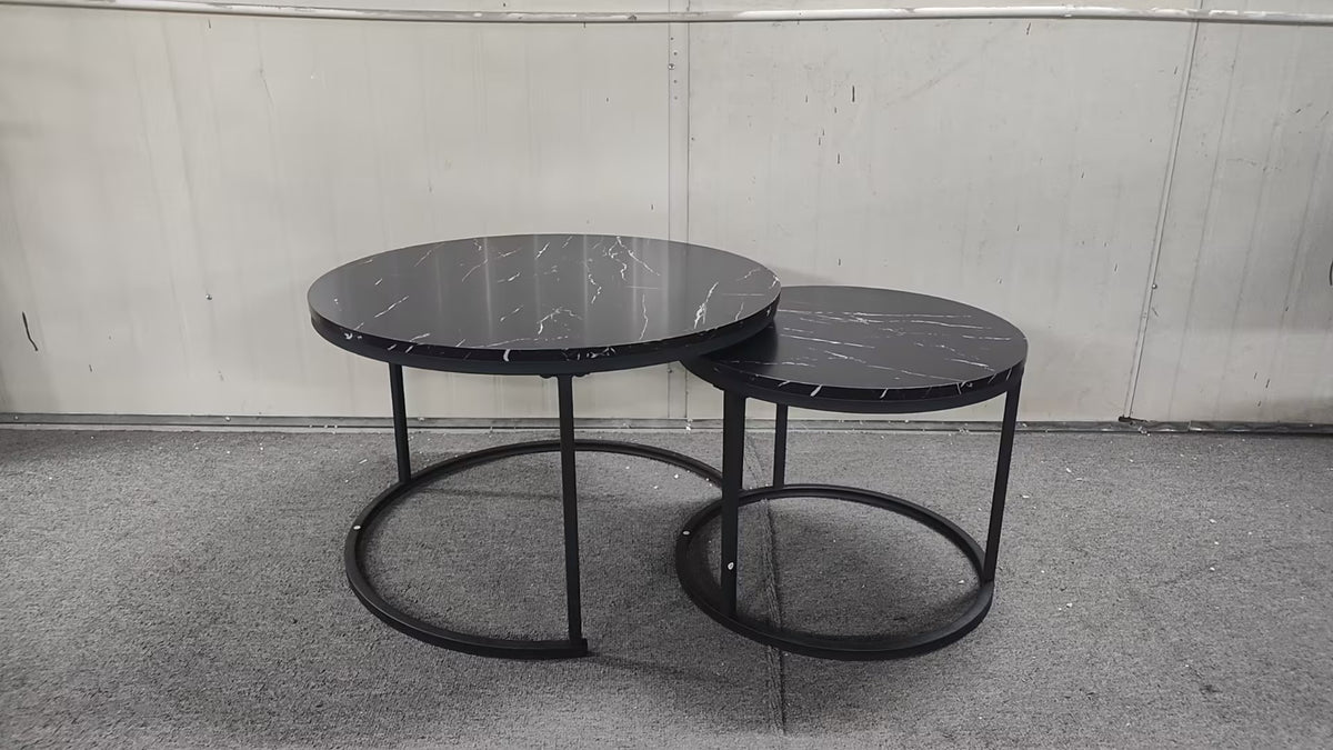 Nesting Coffee Table Set of 2, 27.6inch Round Coffee Table Wood Marble Pattern Top with Sturdy Metal Frame, End Table Side Tables for Living Room Bedroom Balcony Yard (Black) W808P176723-djyc