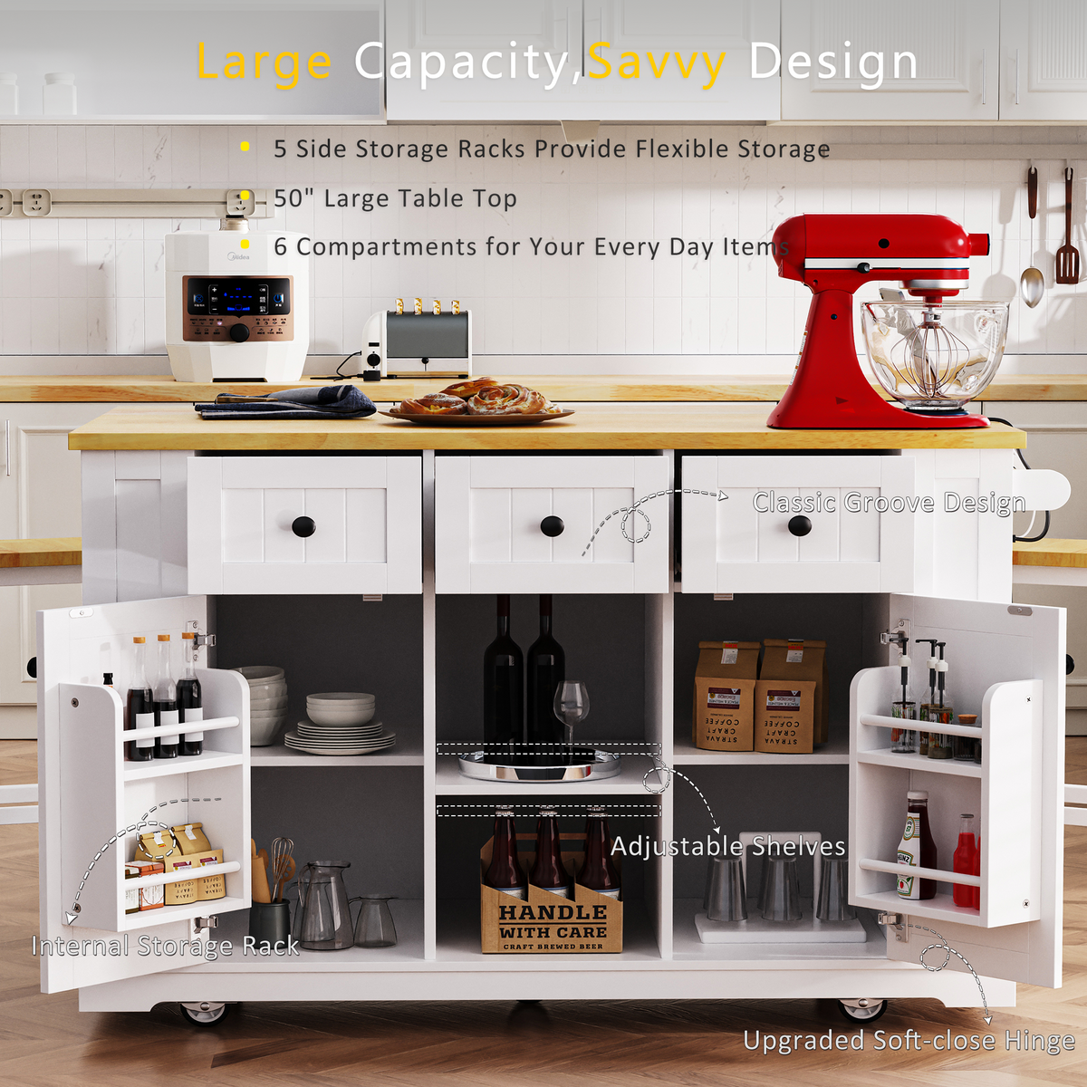 K&K 53inch Large Kitchen Island with 2 Bar Stools, Power Outlet,Door Internal Storage Rack, Kitchen Storage Cart on 5 Wheels with Drop Leaf, 5 Open Side Racks, 3 Drawers, for Kitchen,Dining Room,White N707S000007W-djyc