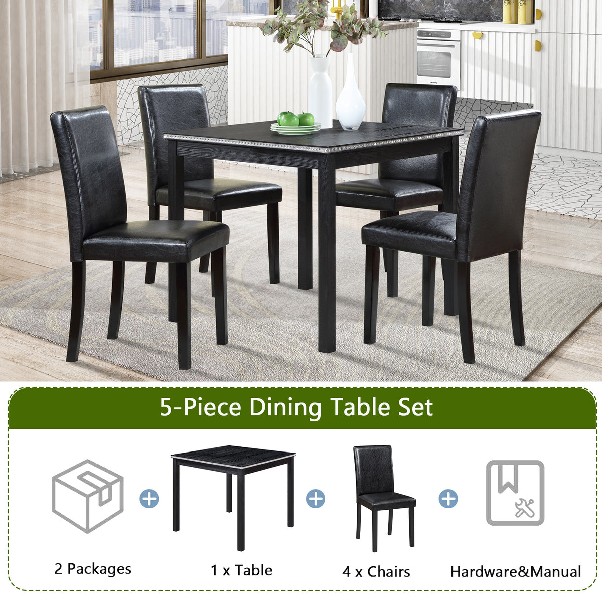 5 Piece Wooden Dining Table Set, Kitchen Table Set with a Square Table and 4 Upholstered Chairs, Wooden Dining Room Table with Crystal Decoration and Chairs Set for Kitchen, Dining Room, Black W1998S00041-djyc