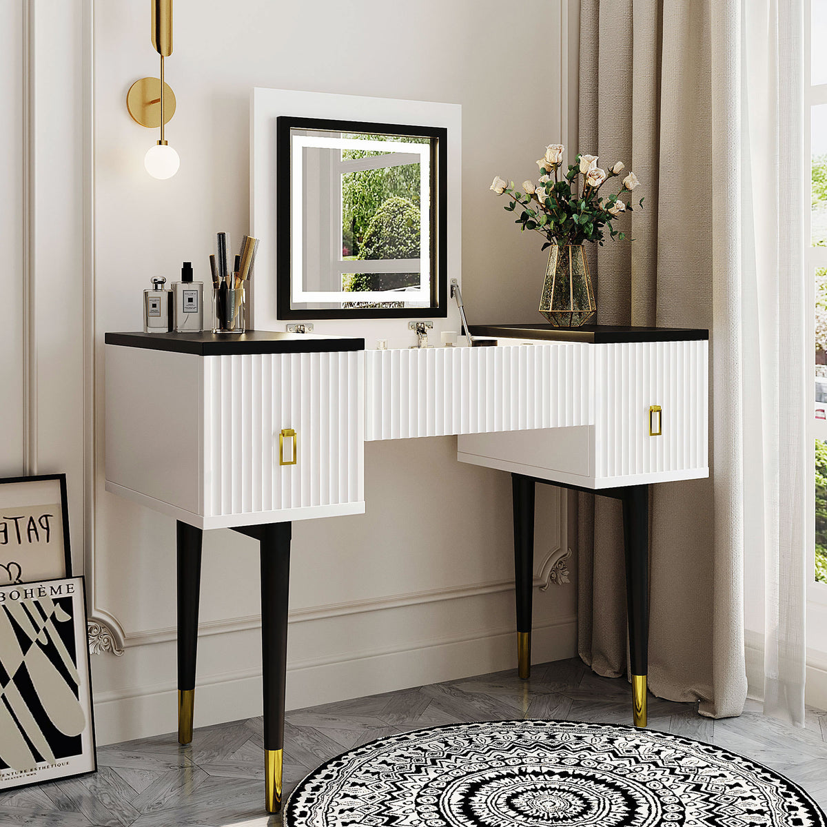 43.3" Modern Vanity Table Set with Flip-top Mirror and LED Light, Dressing Table with Customizable Storage, White and Black WF305842AAA-djyc