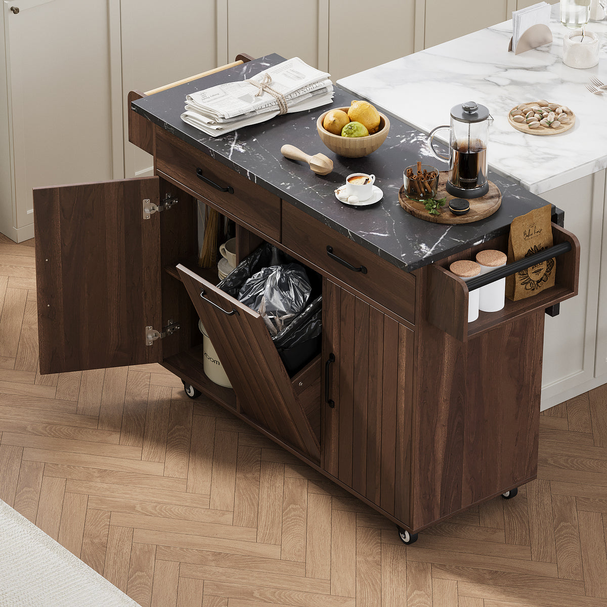 K&K Kitchen Island with Trash Can Storage Cabinet, Kitchen Cart with Drop Leaf, Spice Rack, Towel Rack and Drawer, Rolling Kitchen Island on Wheels with Adjustable Shelf, Walnut Brown WF326381AAZ-djyc