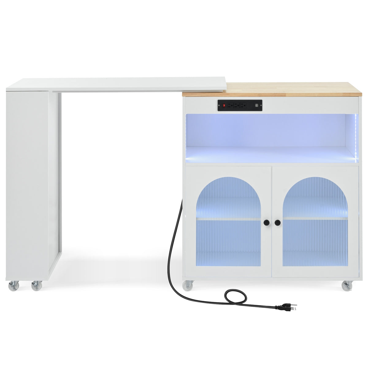 K&K Rolling Kitchen Island With Extended Table, Kitchen island on Wheels with LED Lights,Power Outlets and 2 Fluted Glass Doors, Kitchen Island with a Storage Compartment and Side 3 Open Shelves,White WF316018AAW-djyc