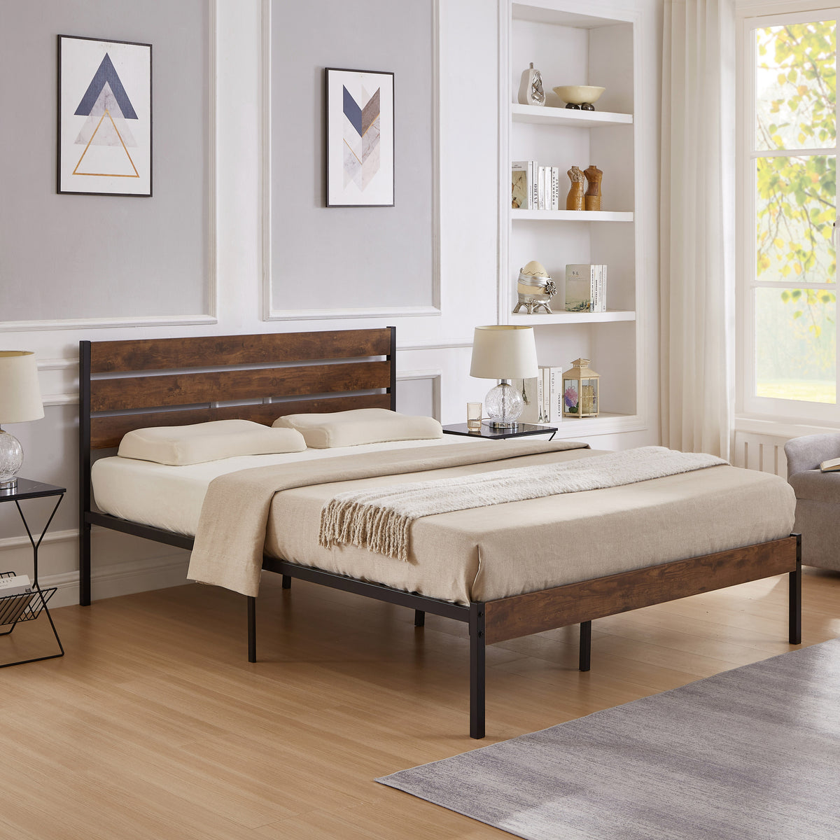 Full Size Bed Frame with Wood Headboard, Metal Frame with Strong Slats, Noise Free,No Box Spring Needed-Brown. W2336P167501-djyc