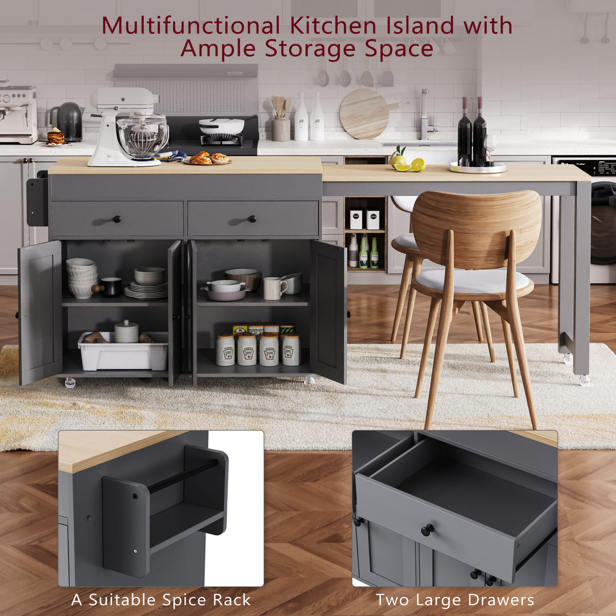 K&K 74.5 inch Kitchen Island with Extendable Dining Table , Rolling Kitchen Island on Wheels with Spice Rack and 2 Drawers,Kitchen Storage Cart with 4 Door Cabinet, for Kitchen, Dining Room, Grey N707S000009G-djyc