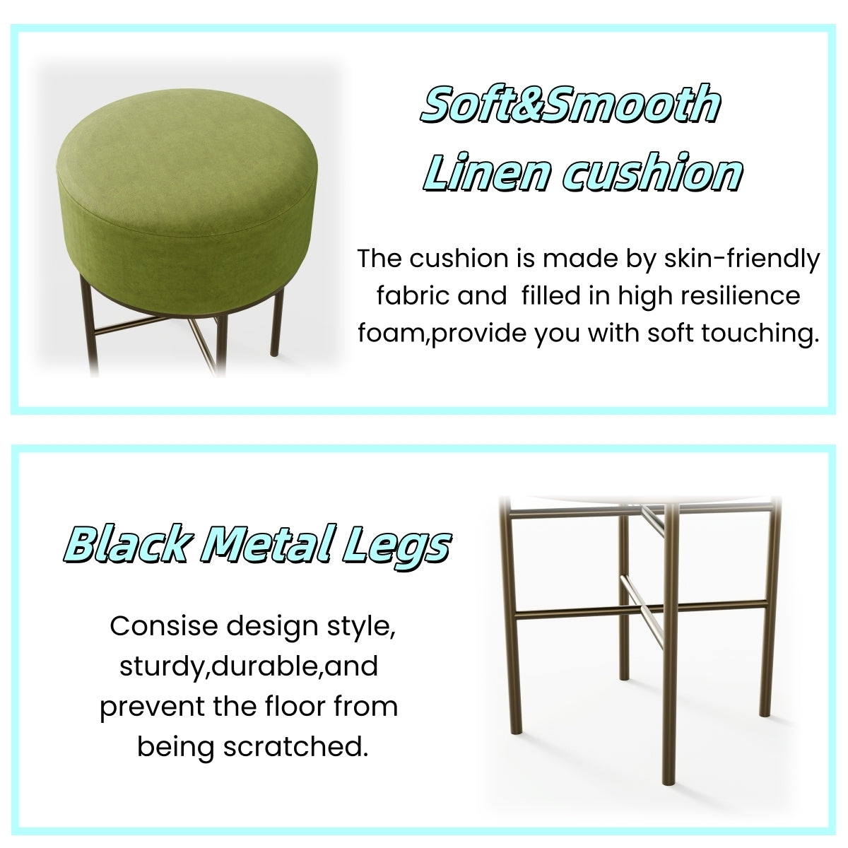 2 pcs Round Cushioned Vanity Stool, Linen Upholstered Vanity Stool for Makeup Room, Modern Soft Stool for Bar and Dining, Ottoman Footrest Stool with Metal Legs for Living Room, Bedroom(Matcha Green) W2557P180260-djyc