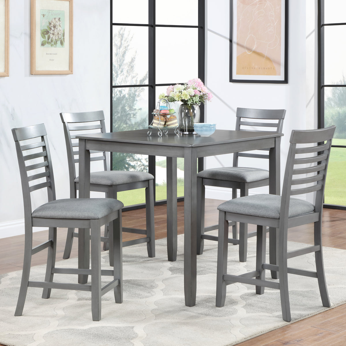 5 Piece Dining Table Set, Wooden Dining Square Table Set for 4, Counter Height Kitchen Table Set with Square Table and 4 Upholstered Chairs for Small Space, Gray W1998S00029-djyc