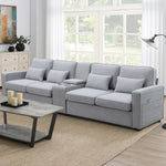 [VIDEO provided] [New] 114.2' Upholstered Sofa with Console, 2 Cupholders and 2 USB Ports Wired or Wirelessly Charged, Modern Linen Fabric Couches with 4 Pillows for Living Room, Apartment (4-Seat) GS000086AAE-djyc