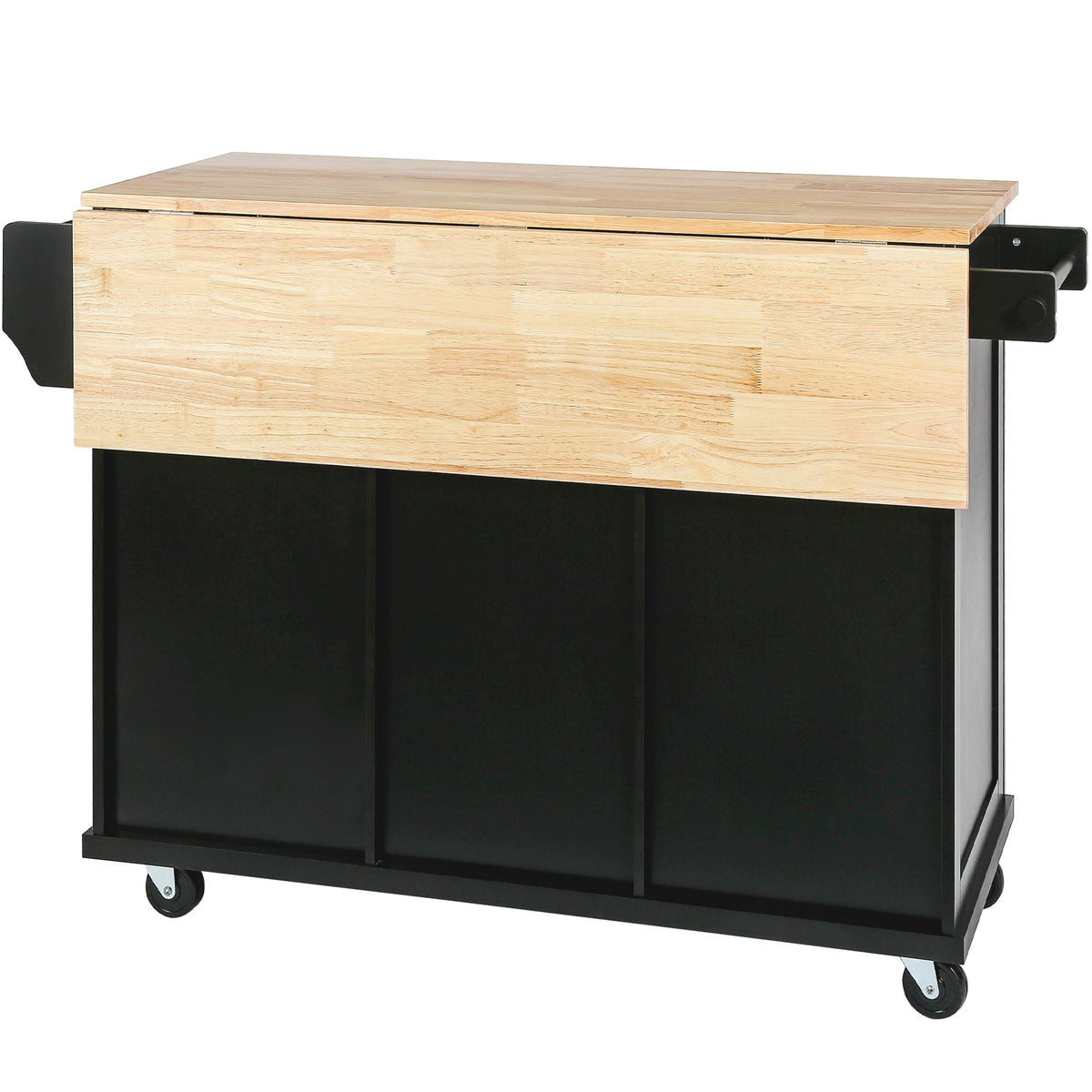 Kitchen Cart with Rubber wood Drop-Leaf Countertop ,Cabinet door internal storage racks,Kitchen Island on 5 Wheels with Storage Cabinet and 3 Drawers for Dinning Room, Black WF298028AAB-djyc