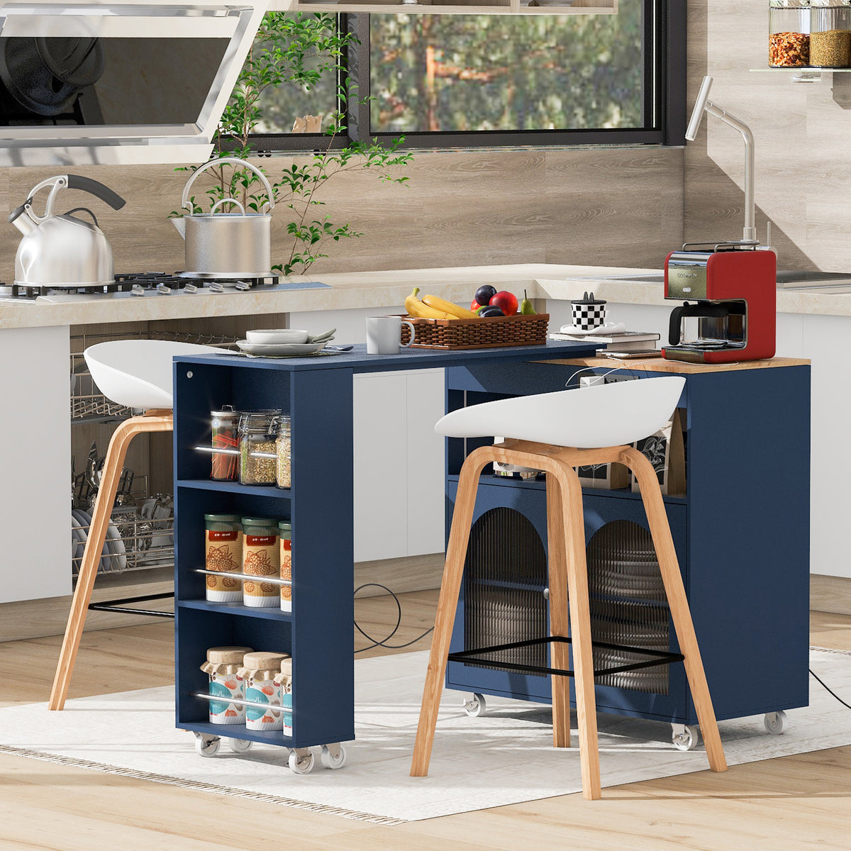 K&K Rolling Kitchen Island With Extended Table, Kitchen Island on Wheels with LED Lights,Power Outlets and 2 Fluted Glass Doors, Kitchen Island with a Storage Compartment and Side 3 Open Shelves, Navy WF316018AAN-djyc