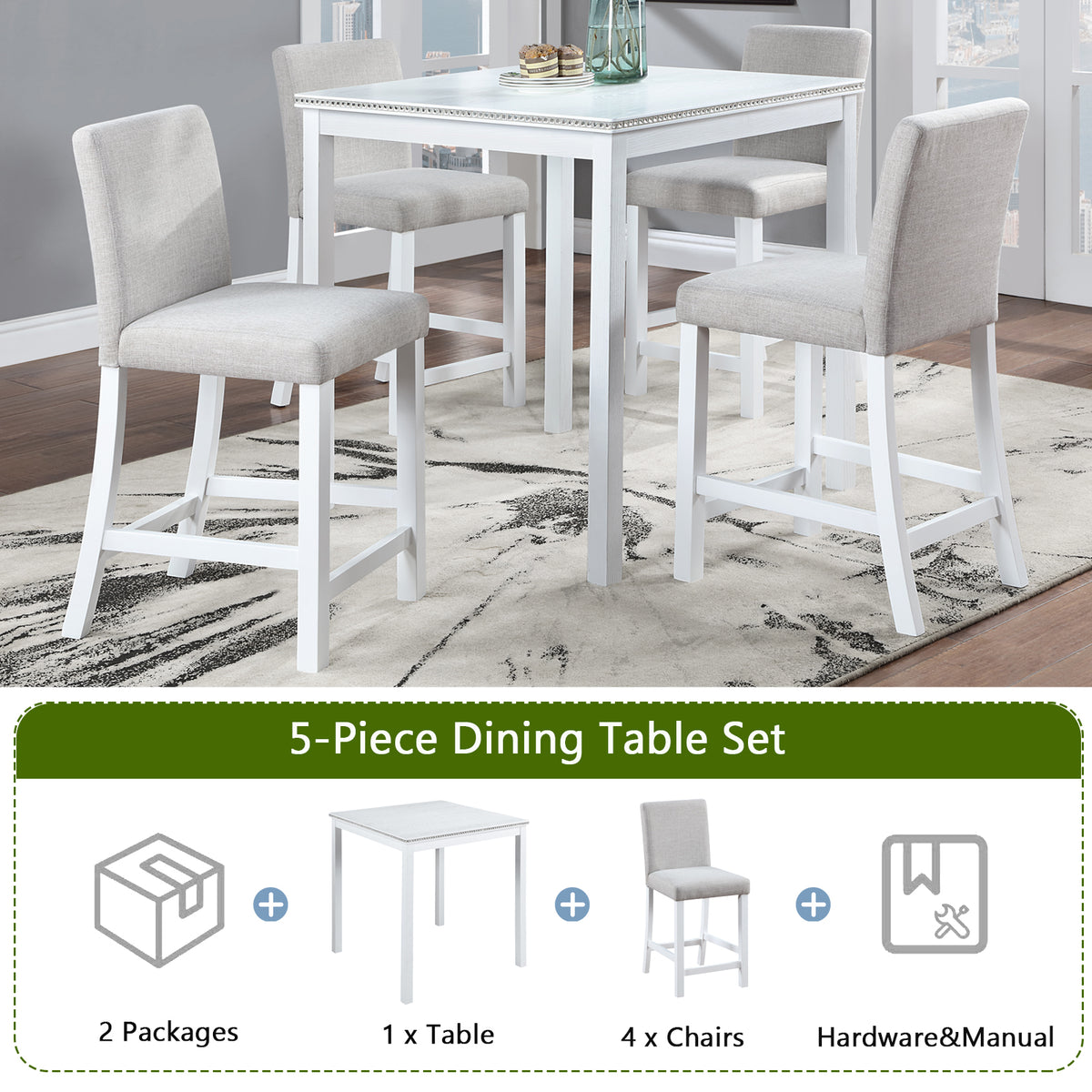 5 Piece Counter Height Table Set, Wooden Kitchen Table Set with Square Table and 4 Upholstered Chairs, Counter Height Dining Table with Crystal Decoration and Chair Set for Kitchen, Dining Room,White W1998S00040-djyc