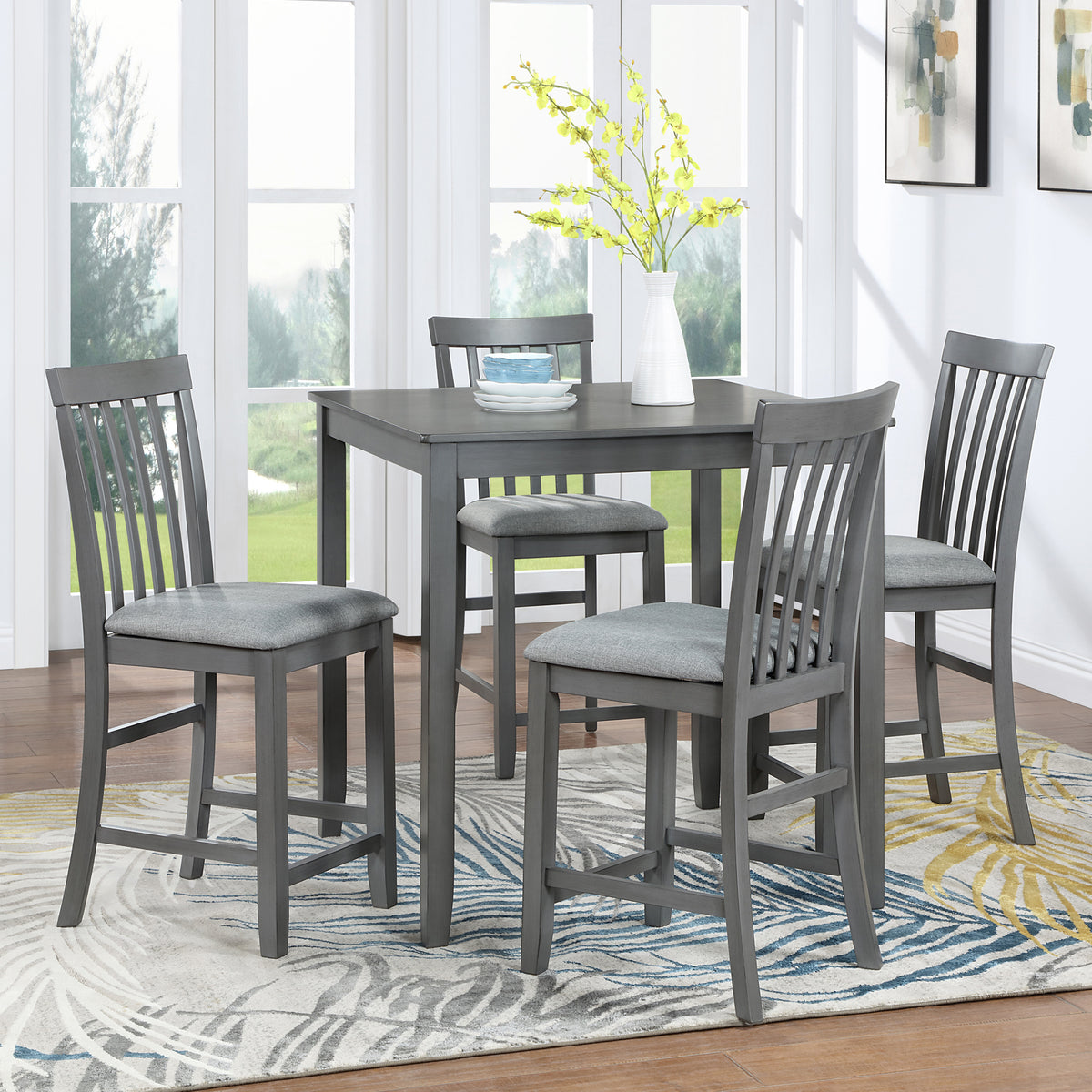 5 Piece Dining Table Set, Wooden Dining Square Table Set for 4, Counter Height Kitchen Table Set with Square Table and 4 Upholstered Chairs for Small Space, Gray W1998S00030-djyc