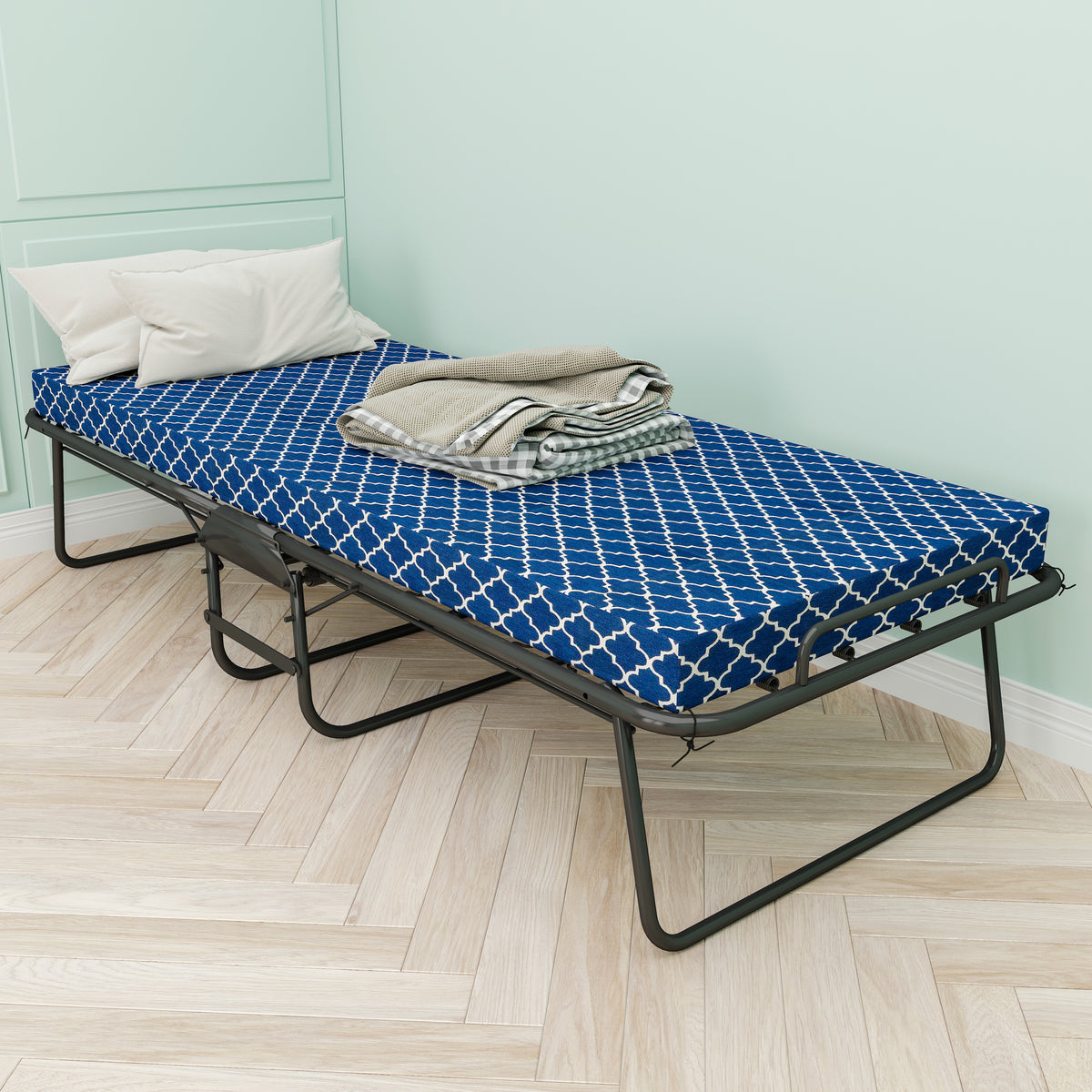 Metal Folding Bed Frame with Foam Mattress for Small Space, Easy Storage and Movable with 4 Castors W1960P162804-djyc