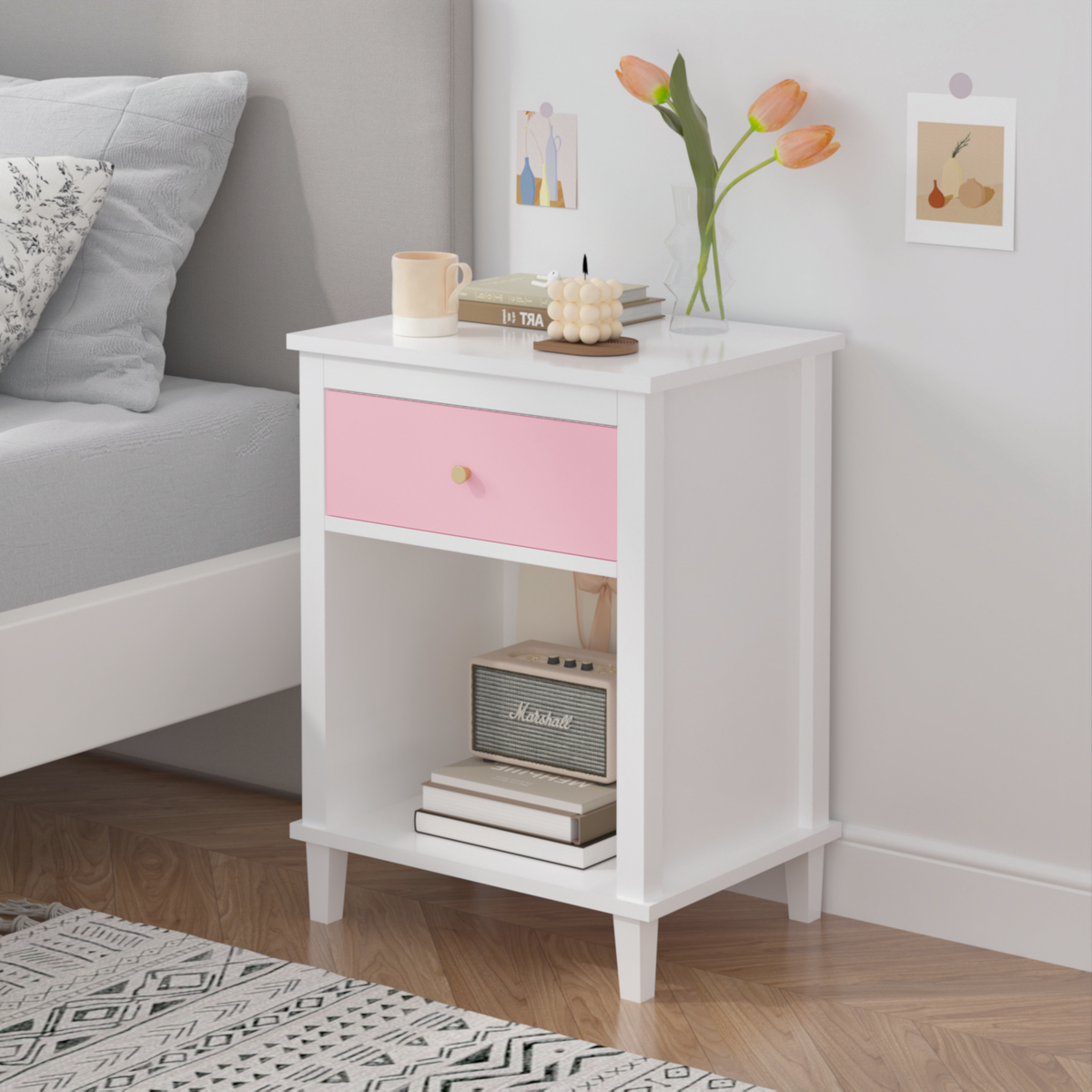 26.77''H Wooden Nightstand with One Drawer One Shelf for Kids, Adults, Pink W80859135-djyc