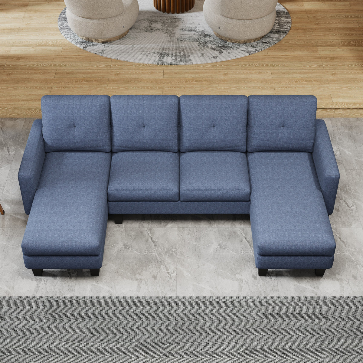 U-Shaped Sofa Coch 4-Seat Sofa with Chaise Polyester Fabric for Living Room Apartment Office (Blue) W1669S00004-djyc