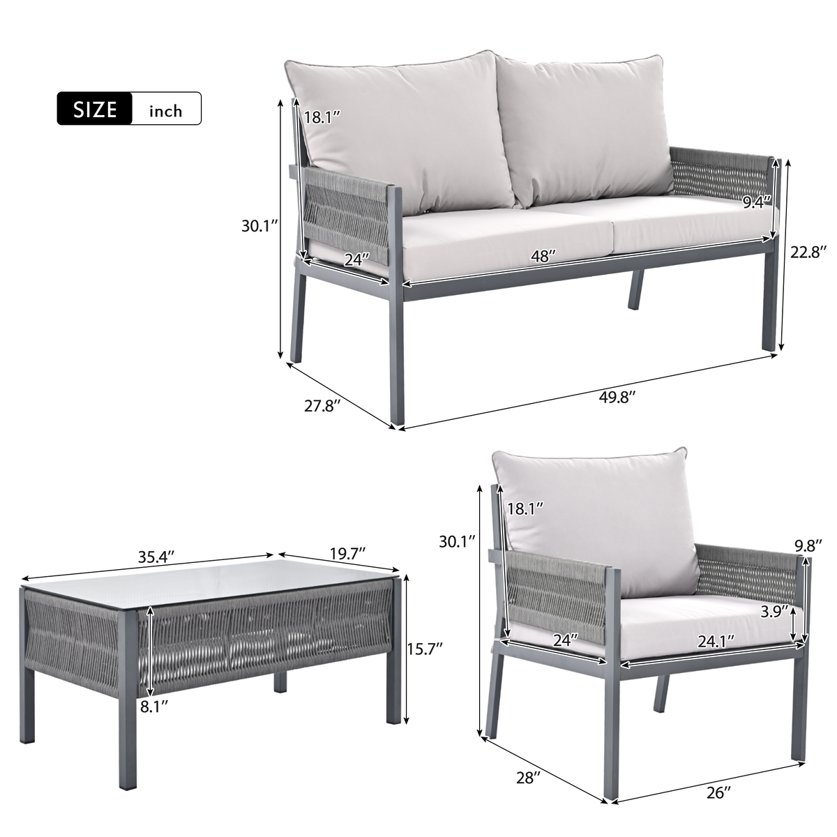 K&K 4-Piece Rope Patio Furniture Set, Outdoor Furniture with Tempered Glass Table, Patio Conversation Set Deep Seating with Thick Cushion for Backyard Porch Balcony (Grey) SK000003AAG-djyc