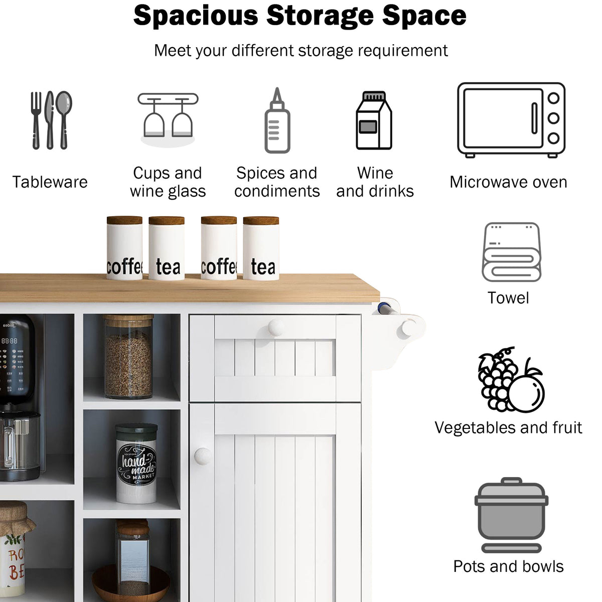 Kitchen Island Cart with Storage Cabinet and Two Locking Wheels,Solid wood desktop,Microwave cabinet,Floor Standing Buffet Server Sideboard for Kitchen Room,Dining Room,, Bathroom(White) WF296670AAW-djyc